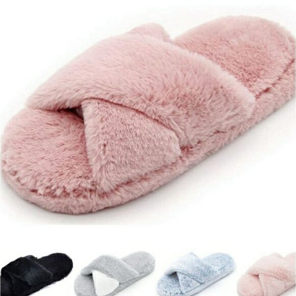 FamiPort Shoes - Pink Cross Band Fuzzy Faux Fur Slippers Size S